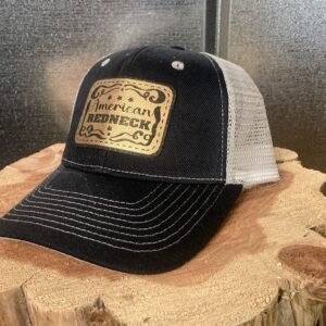 American Redneck Black on Grey Hat - GOLD/Black Whisky Label Patch - Trucker Hat Clone